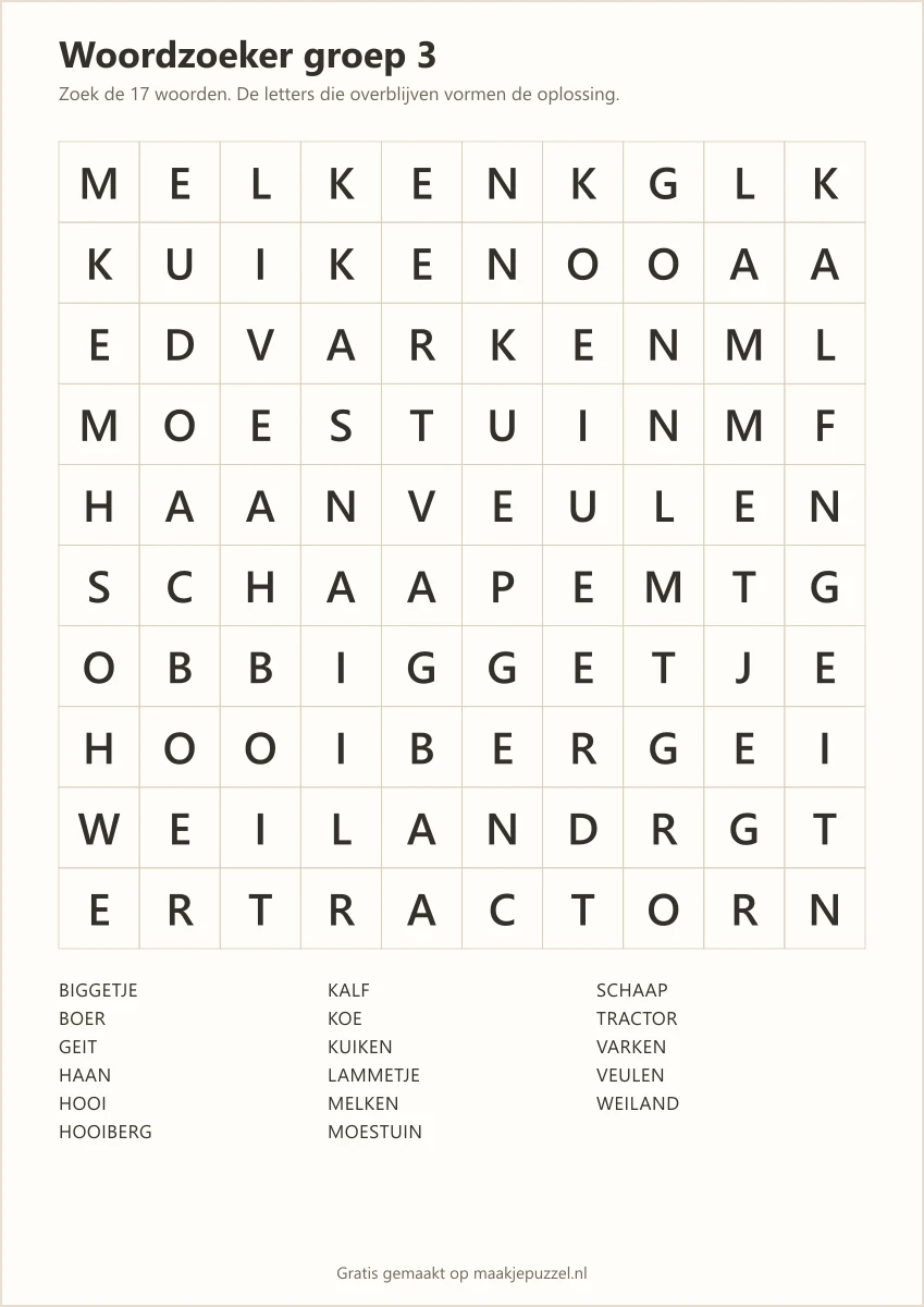 Voorbeeld van het printbare werkblad: woordzoeker groep 3 van 10×10 met de woordenlijst eronder