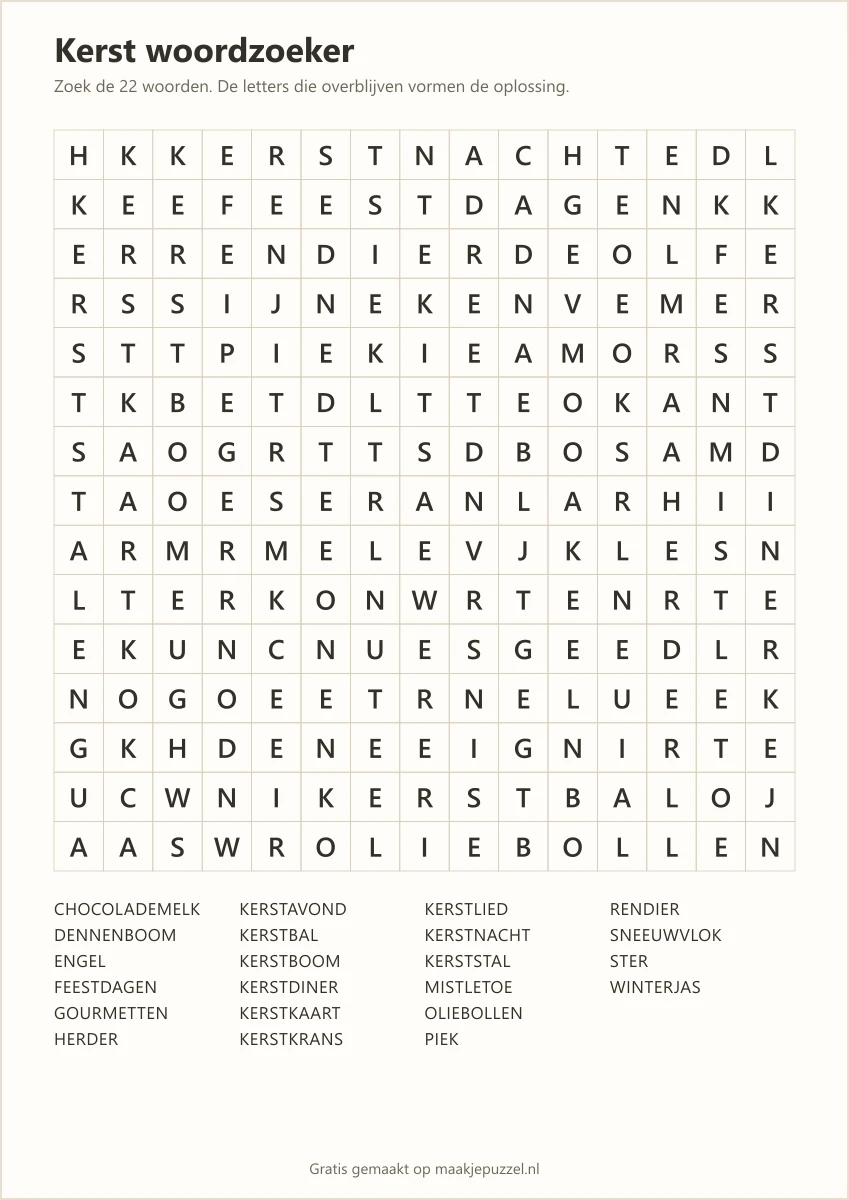 Voorbeeld van het printbare werkblad: kerst woordzoeker van 15×15 met de woordenlijst eronder