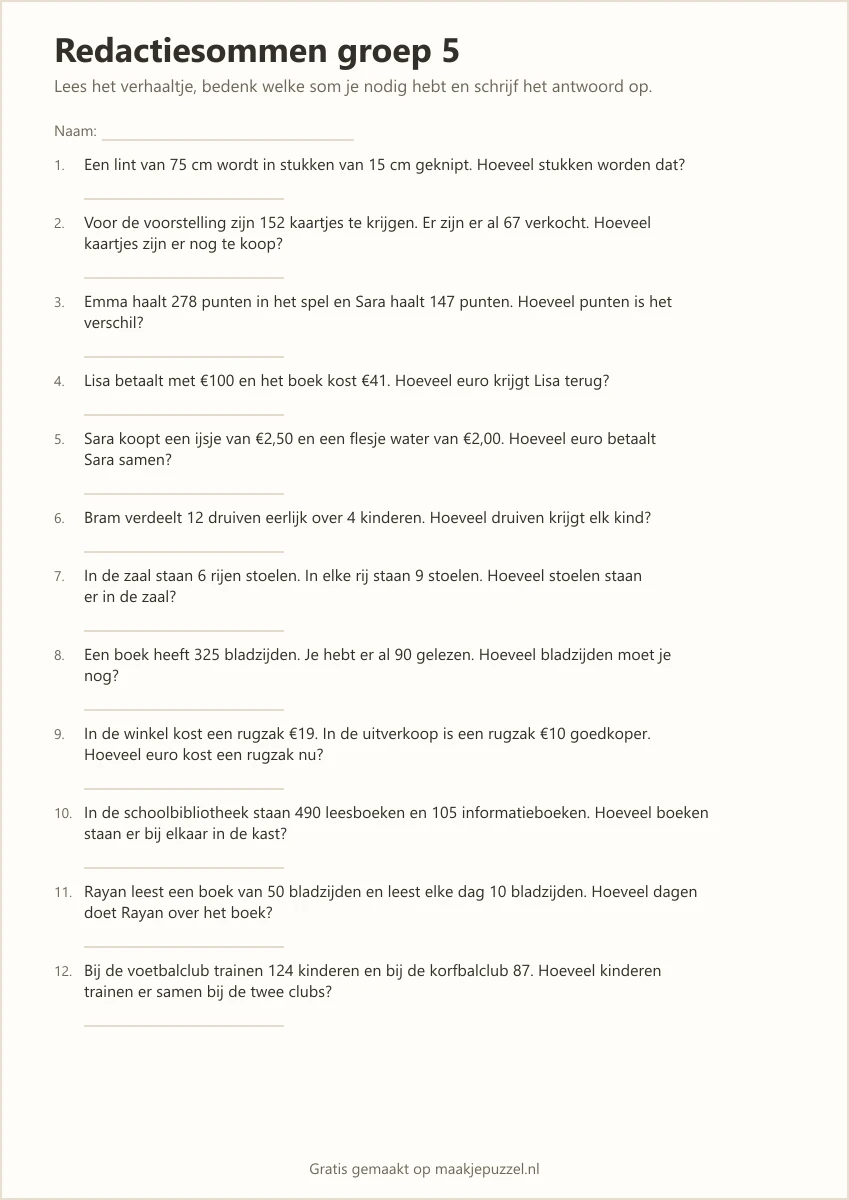 Printbaar werkblad redactiesommen groep 5: genummerde verhaaltjes met ruimte voor het antwoord