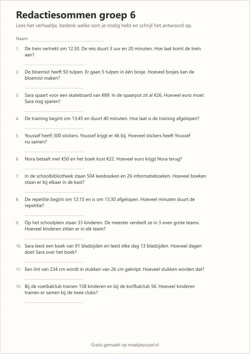 Printbaar werkblad redactiesommen groep 6: genummerde verhaaltjes met ruimte voor het antwoord
