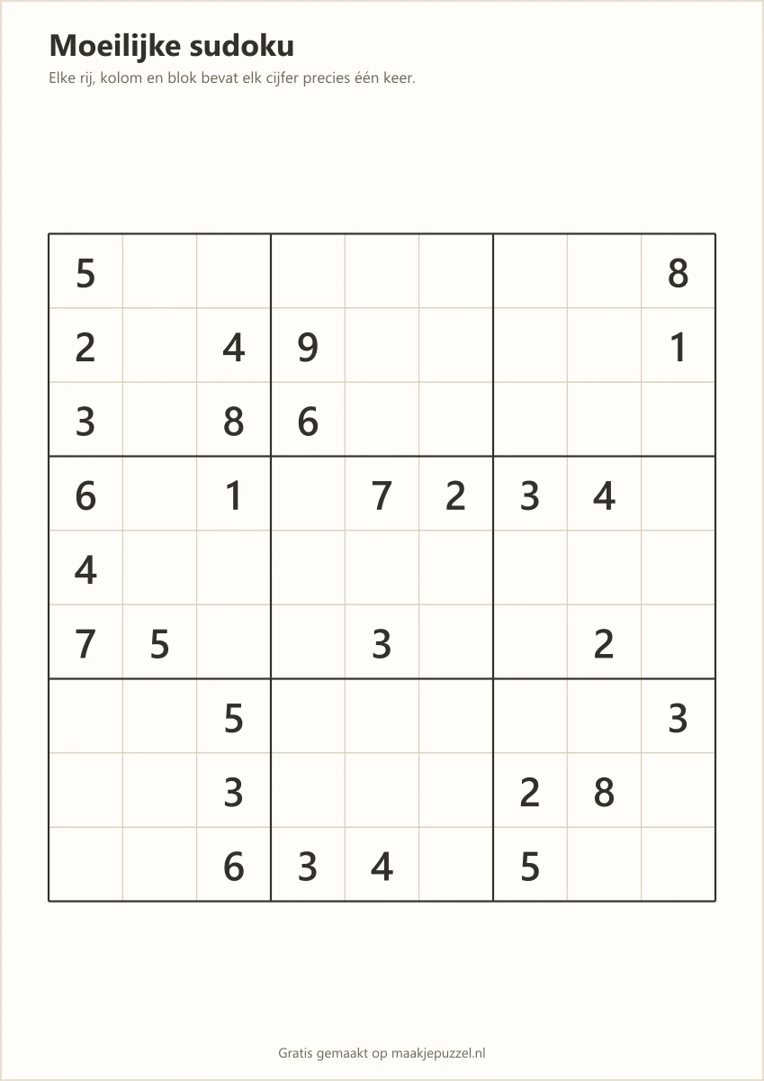 Printbaar sudokublad van 9×9, niveau moeilijk. Leeg om zelf in te vullen
