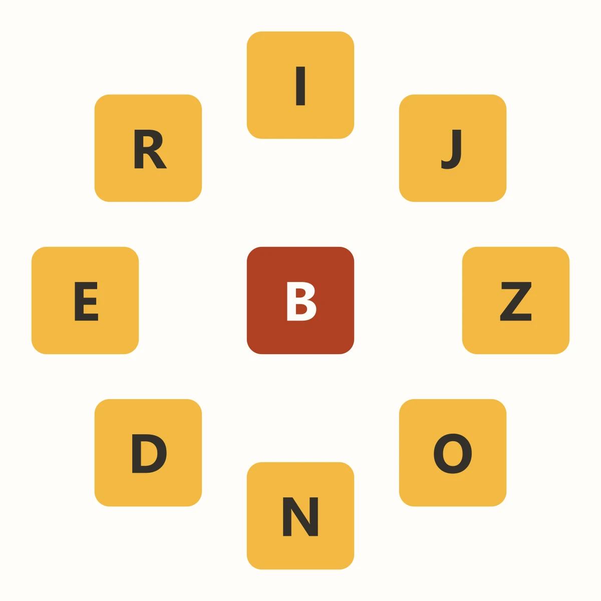 Woordwiel met negen letters: acht gele lettertegels in een ring om een rode middenletter.