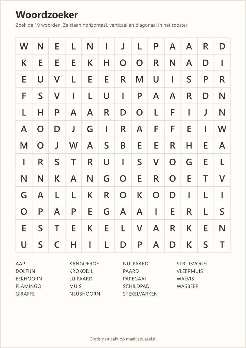 Woordzoeker van 13 bij 13 letters met het thema dieren, met de woordenlijst eronder.